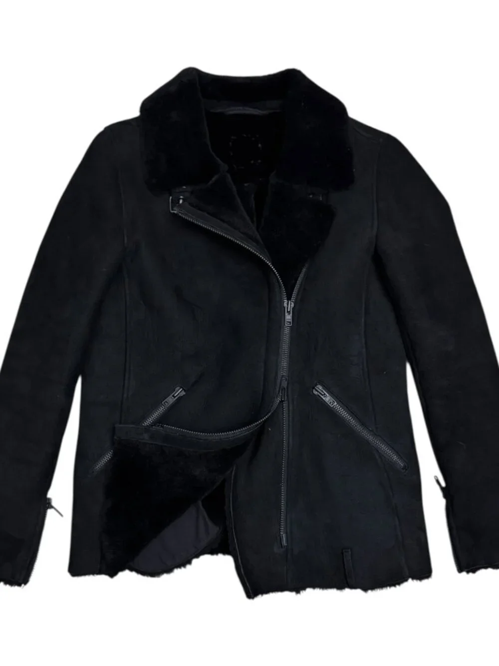 100% LAMB SHEARLING Just Female Vintage Luxury Jacket Coat Bomber Womens Small